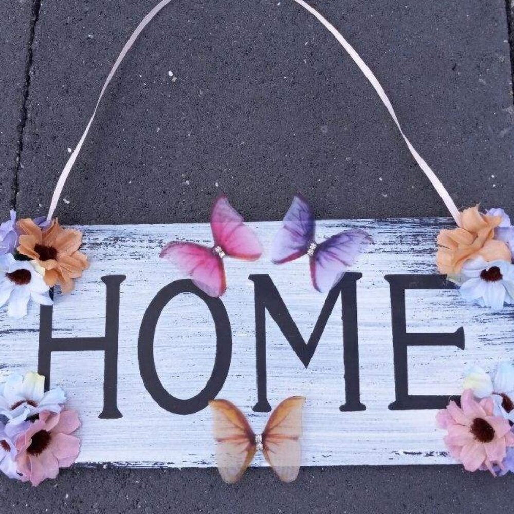 Wood HOME Sign Door Hanger Pastel Flowers Butterflies Wall Art Home Decor Gift